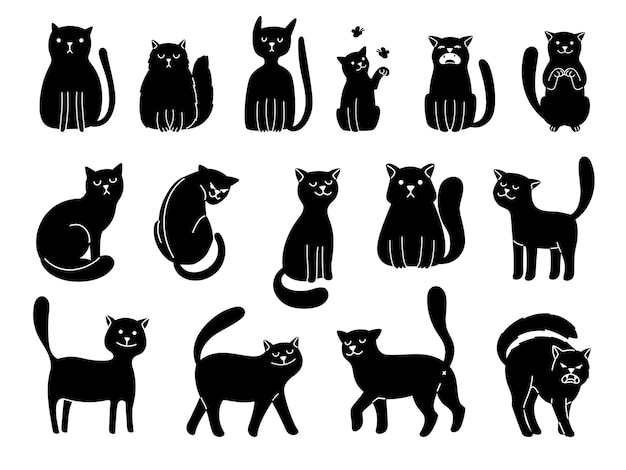 Siluetas de gatos en blanco. iconos de gato elegante, ilustración de vector de colección de animales negros de curiosidad de divertidos dibujos animados aislado sobre fondo blanco