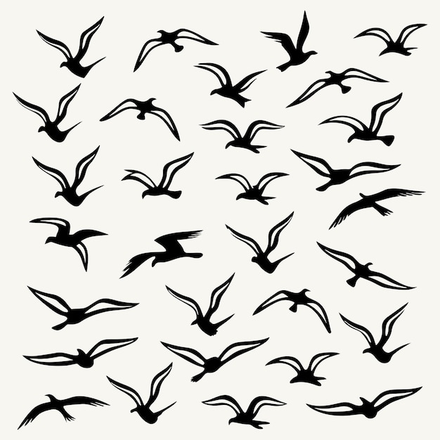 Las siluetas de las gaviotas en vuelo