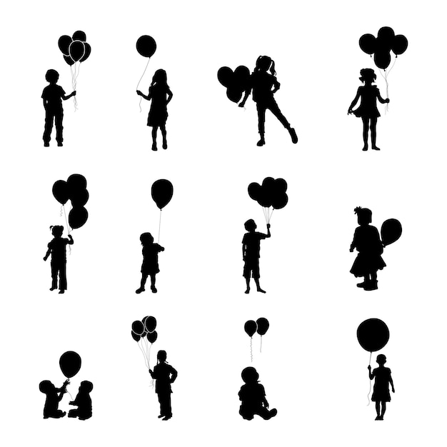 Vector siluetas de globos de explotación infantil, siluetas de globos de explotación infantil v02.