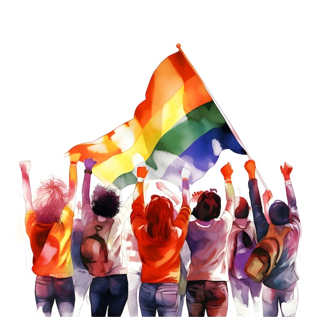 Siluetas de un grupo de personas con una bandera LGBT arcoíris