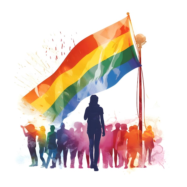 Siluetas de un grupo de personas con una bandera LGBT arcoíris