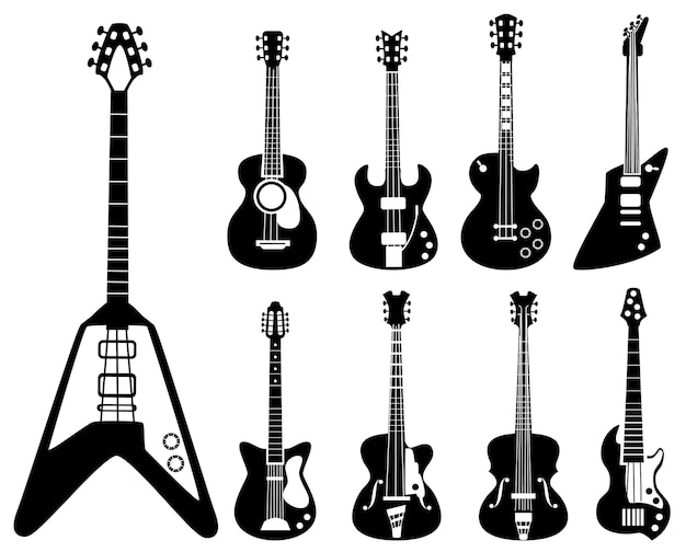 Siluetas de guitarra. Instrumentos musicales, símbolos negros, guitarras acústicas y de rock. Instrumento de silueta eléctrica para rock y guitarra acústica ilustración