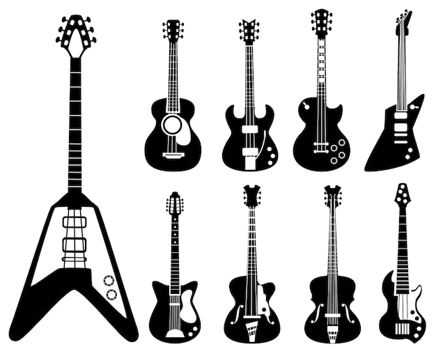 Siluetas de guitarra. instrumentos musicales, símbolos negros, guitarras acústicas y de rock. instrumento de silueta eléctrica para rock y guitarra acústica ilustración