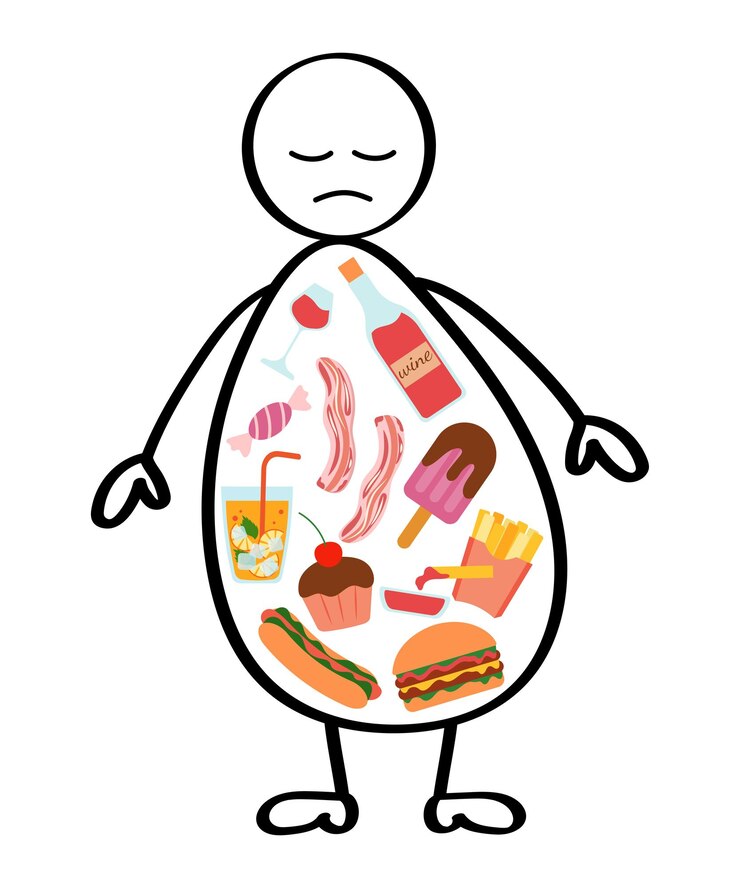 Vector siluetas con un hombre con comida chatarra dentro sad hombre gordo con un hot dog cupcake vino dentro de él