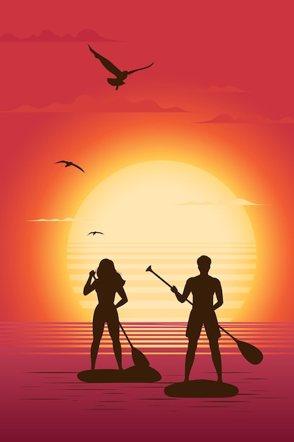 Vector siluetas de hombre y mujer de pie en la tabla de paddle con el telón de fondo de la puesta de sol