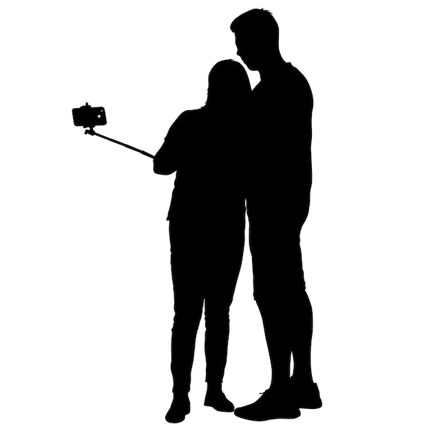 Vector siluetas hombre y mujer tomando selfie con smartphone sobre fondo blanco.