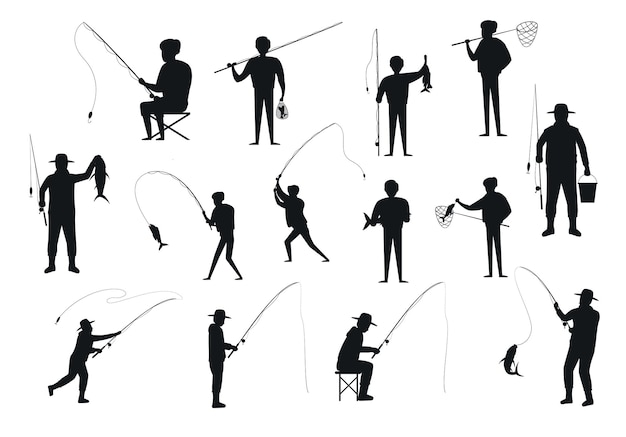 Vector siluetas de hombre de pesca de verano