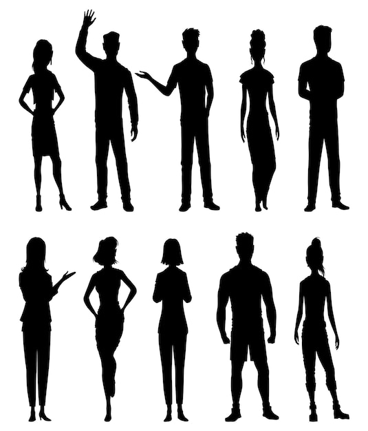 Siluetas de hombres y mujeres en diferentes posturas y estilos de ropa Grupo vectorial de personas de pie en color negro aisladas sobre un fondo blanco