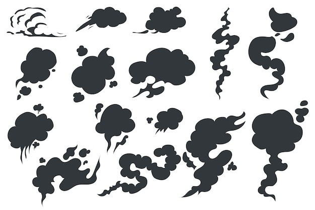 Siluetas de humo elementos gráficos aislados establecidos en diseño plano Paquete de diferentes formas de vapor y vapor negro olor a gas o texturas de nubes velocidades de movimiento en estilo cómico Ilustración vectorial