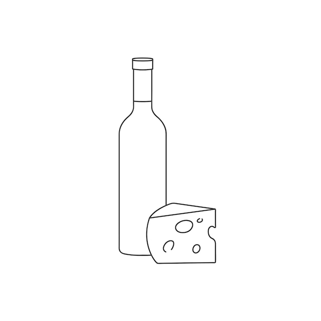 Siluetas de ilustración de línea vectorial de botella de vino con trozo de queso aislado sobre fondo blanco