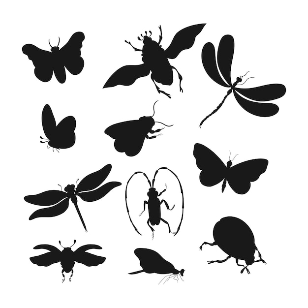 Vector siluetas individuales de insectos ilustración vectorial