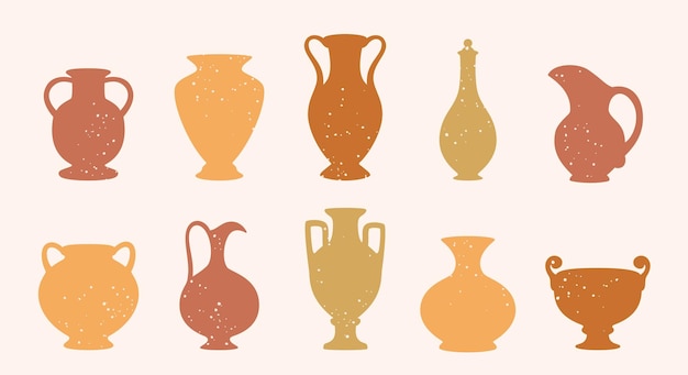 Siluetas de jarrones de cerámica Diferentes vasos decorativos de cerámica antigua Jarros de arcilla decoran jarras Jarrones creativos Formas de jarrones en estilo plano Conjunto vectorial aislado