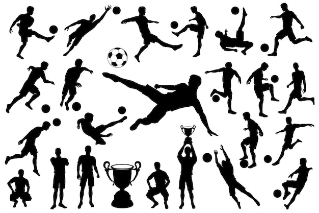 Vector siluetas de jugadores de fútbol y pelota. portero de fútbol. campeón del equipo con copa. conjunto de ilustración de vector aislado