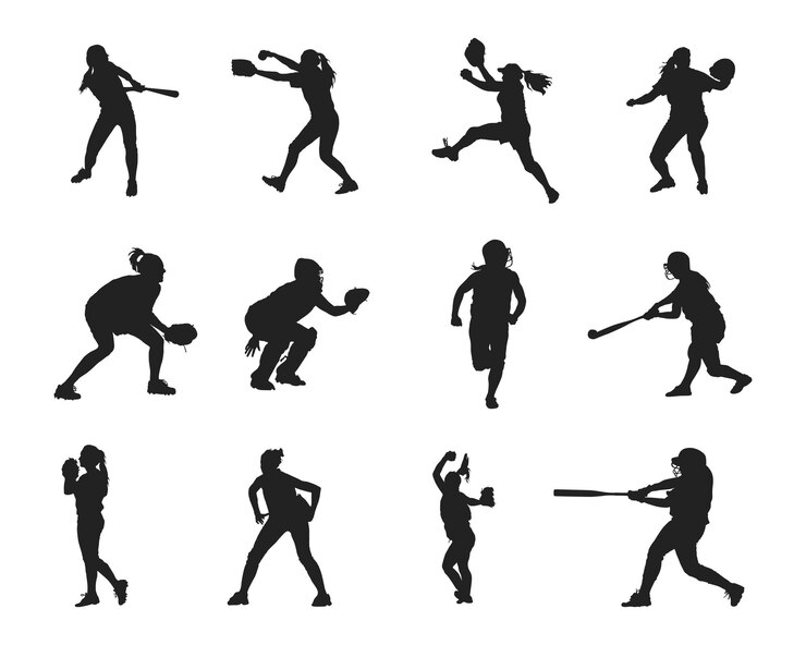Vector siluetas de jugadores de softbol, siluetas de softbol