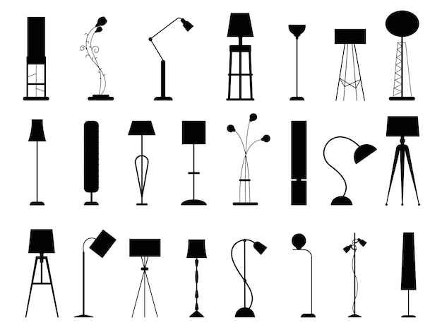 Siluetas de lámparas de pie Muebles ligeros modernos oficina y hogar luces decorativas lámparas altas y lámparas de pie detalle Conjunto aislado vectorial de silueta de lámpara de luz para ilustración interior