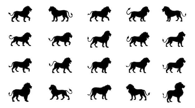 Siluetas de león Conjunto vectorial Caminando Rugiendo Poses de pie