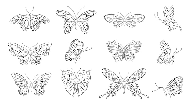 Siluetas de línea de mariposas Plantilla de tatuaje de contorno abstracto de mariposa de primavera Insectos de verano belleza personajes voladores decorativos con alas conjunto de vectores de hoy en día