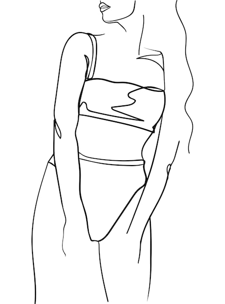 Siluetas de línea negra del cuerpo femenino en ropa interior (conjunto de sujetador, bragas). - ilustración vectorial