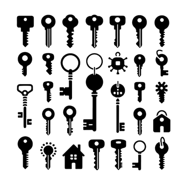 Siluetas de llaves antiguas Claves medievales y modernas negras Formas vintage conjunto Vector de silueta