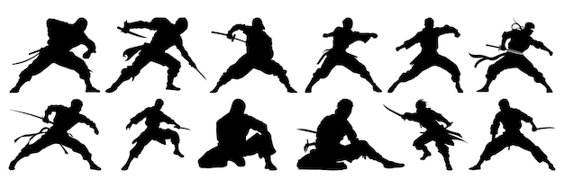 Siluetas de luchadores samurai ninja conjunto gran paquete de diseño de silueta vectorial fondo aislado