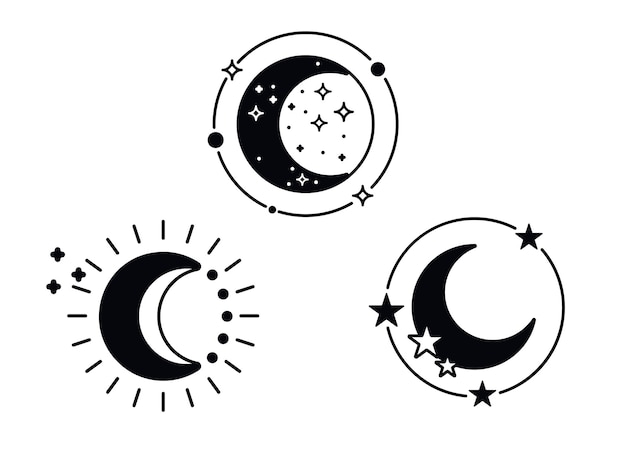 Siluetas de luna con estrellas. iconos de la media luna negra. astronomía espacial nocturna. eclipse lunar. ilustración de vector aislado sobre fondo blanco.