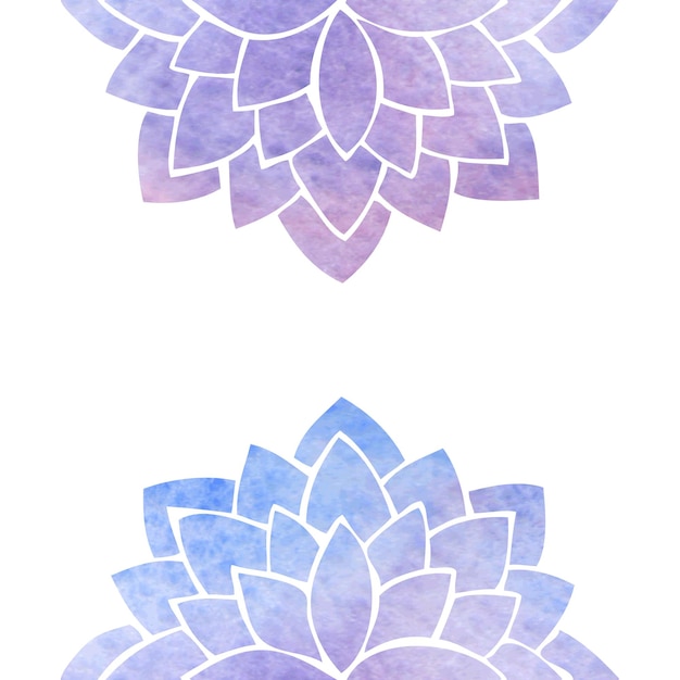 Vector siluetas de mandala de patrón de flores estilizadas de color púrpura y azul con textura de acuarela