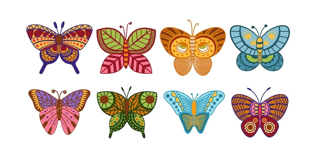 Siluetas Mano Dibujada Doodle Colorida Colección Mariposa Ilustración Vector