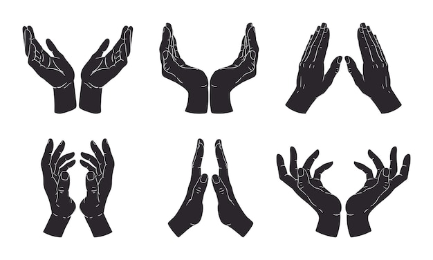 Siluetas de manos Manos humanas de dibujos animados Señales de manos Palmas de manos Gestos de ilustración vectorial plana Conjunto de siluetas de signos de manos