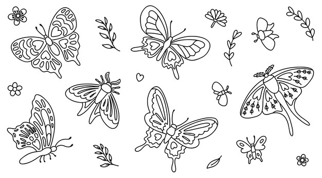 Siluetas de mariposas gran conjunto con mariposas nocturnas hojas flores ilustración de contorno vectorial