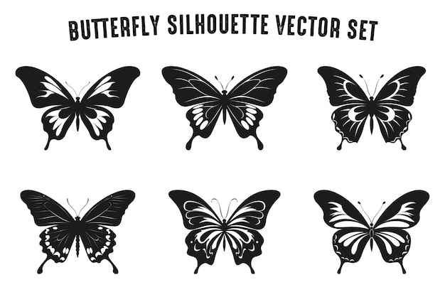 Siluetas de mariposas Ilustración vectorial Conjunto de mariposas voladoras silueta negra Colección