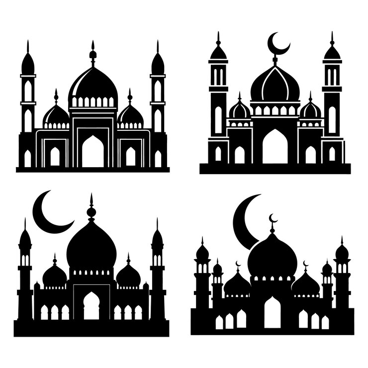 Vector siluetas de mezquitas con media luna para el diseño islámico