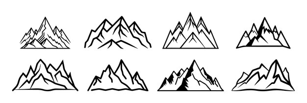 Siluetas de montaña configuradas en blanco y negro para temas al aire libre conjunto vectorial de iconos de silueta de montaña