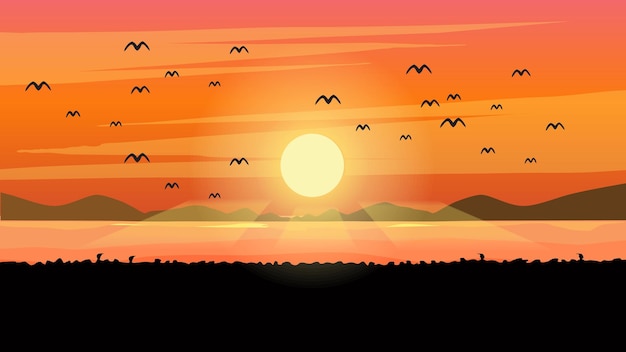 siluetas de murciélagos volando en el lago al atardecer. ilustración vectorial