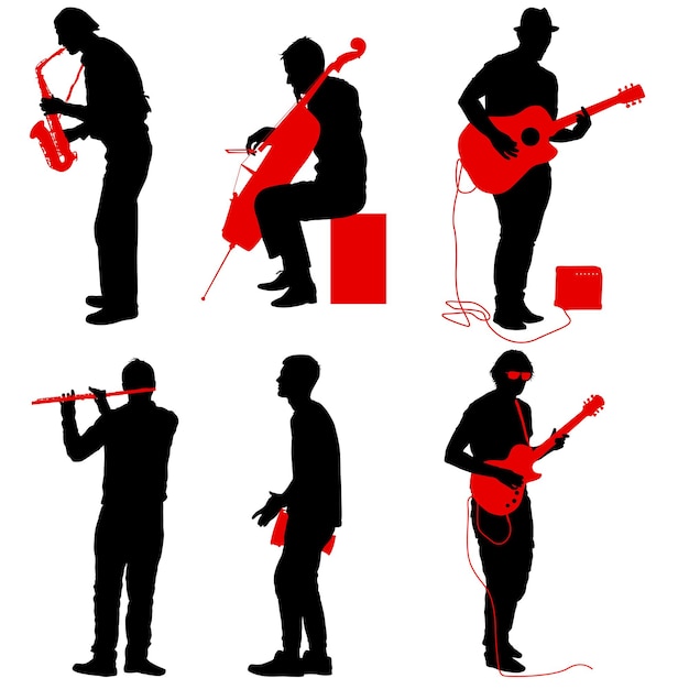 Vector siluetas de músicos callejeros tocando instrumentos sobre un fondo blanco.