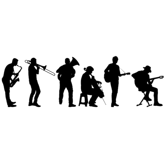 Siluetas de músicos callejeros tocando instrumentos sobre un fondo blanco.