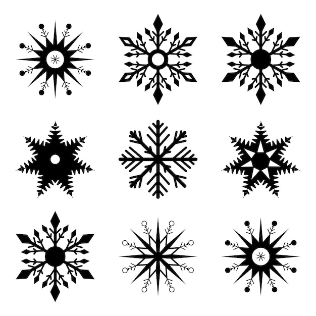 Siluetas negras de copos de nieve sobre un fondo blanco