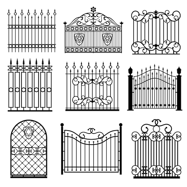 Vector siluetas negras decorativas de cercas con puertas vector conjunto
