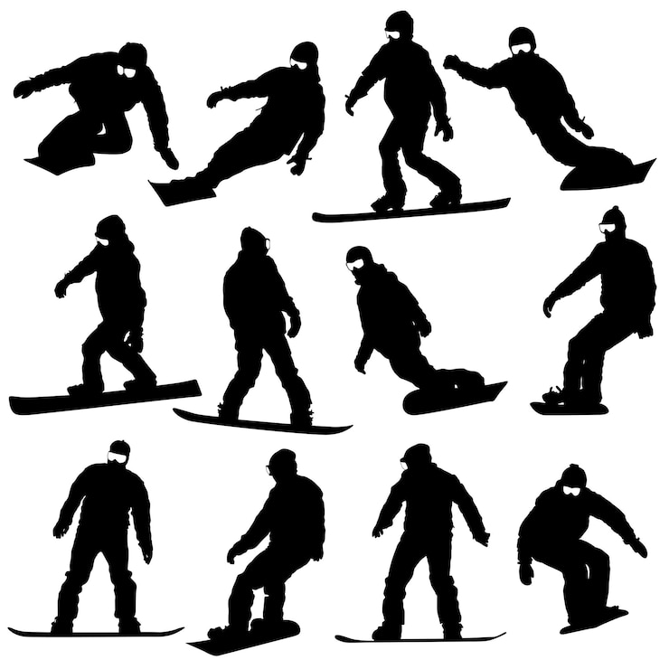 Vector siluetas negras establecen snowboarders sobre fondo blanco ilustración vectorial