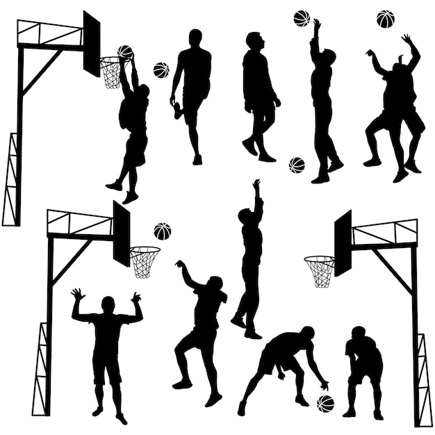 Siluetas negras de hombres jugando baloncesto sobre un fondo blanco Ilustración vectorial
