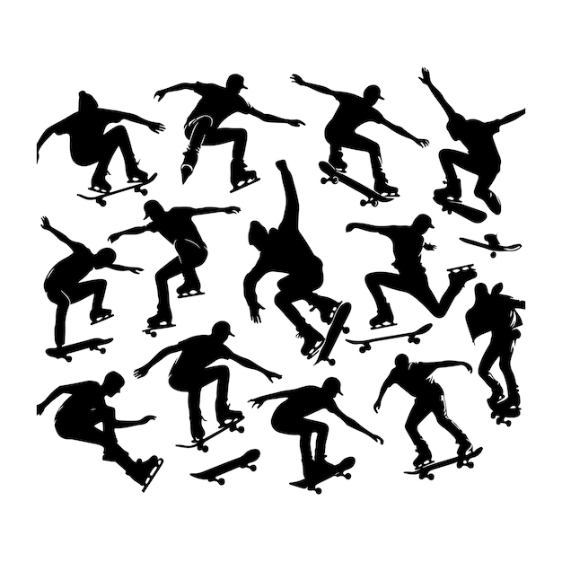 Siluetas negras de saltadores de patinaje sobre un fondo blanco