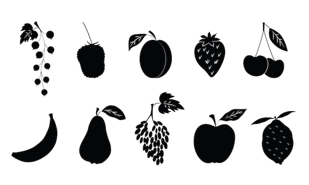 Siluetas negras sobre un fondo blanco, diversas frutas y bayas: manzana, pera, albaricoque, grosella, cereza. Ilustración vectorial.