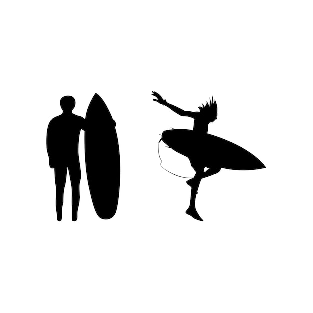 Las siluetas negras del vector de surf encapsulan la esencia del deporte oceánico que encarna el movimiento y