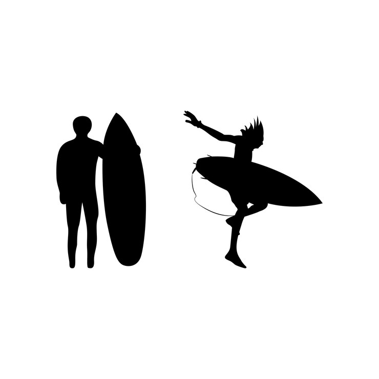 Las siluetas negras del vector de surf encapsulan la esencia del deporte oceánico que encarna el movimiento y