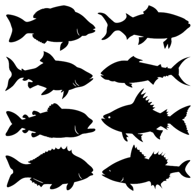 Siluetas negras vectoriales juego de peces Iconos diseño abstracto logotipo arte logotipo