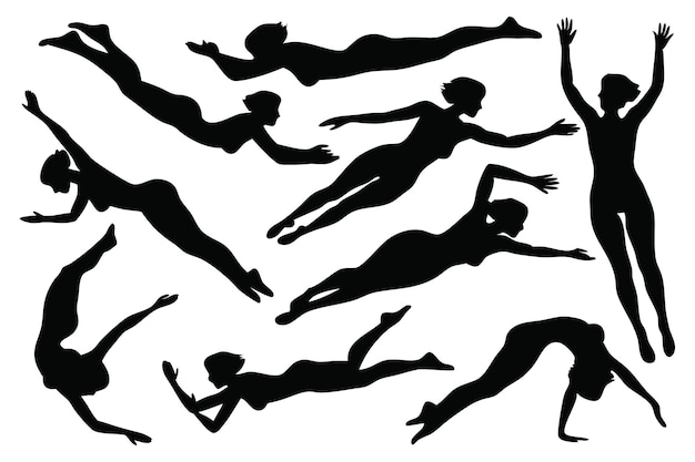 Las siluetas de niñas nadadoras se establecen en una ilustración vectorial plana aislada sobre un fondo blanco