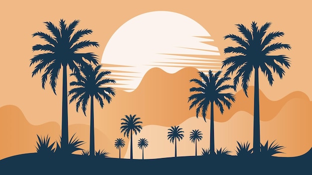 Siluetas de palmeras en el fondo del atardecer Ilustración vectorial para su diseño