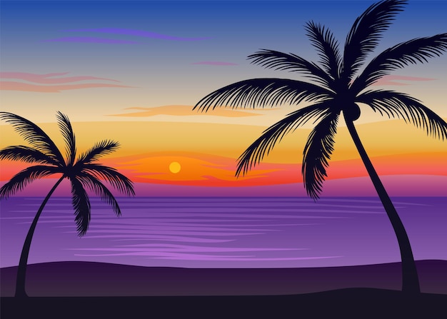 Siluetas de palmeras en el fondo del mar azul Puesta de sol en el cielo rosa Paisaje nocturno Ilustración vectorial sobre fondo blanco