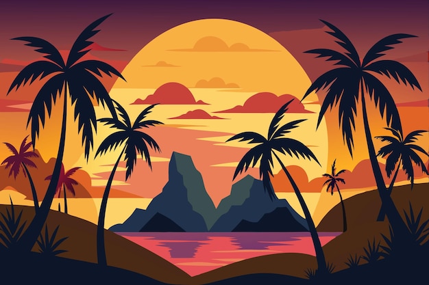 siluetas de palmeras y vector de sol naranja