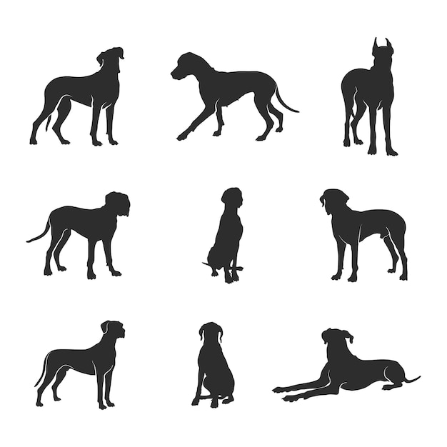 Vector siluetas de perro gran danés, conjunto de silueta de perro gran danés