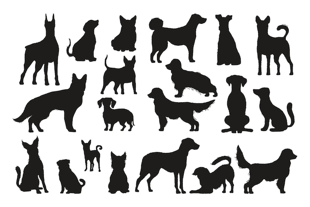 Las siluetas de los perros Las formas de los perros negros de diferentes razas Animales domésticos lindos de pie, caminando, sentados Colección de cachorros vectoriales